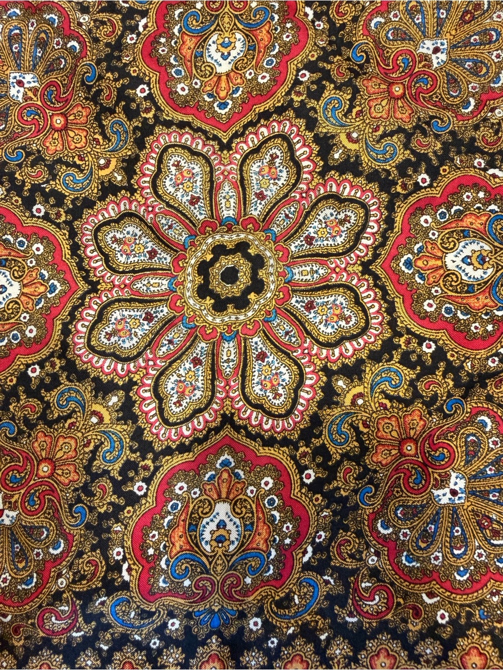 Dior Black Silk Scarf with Gold, Red & Blue Paisley Border - Picture 4 of 5